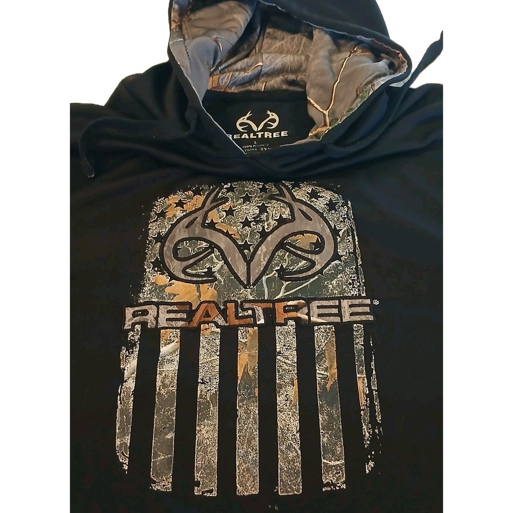 Realtree Hoodie Mens Large Black Camo Lined Pullover Hunting Deer